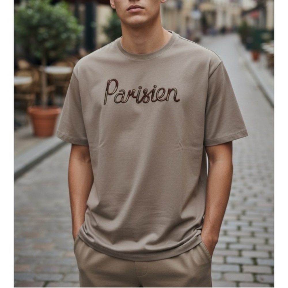 Maison Kitsuné Paris Parisien Embroidered Tee Shirt Men's Taupe Size L NWOT